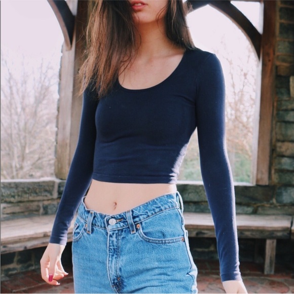 american apparel | cotton navy long sleeve crop top - Picture 3 of 5